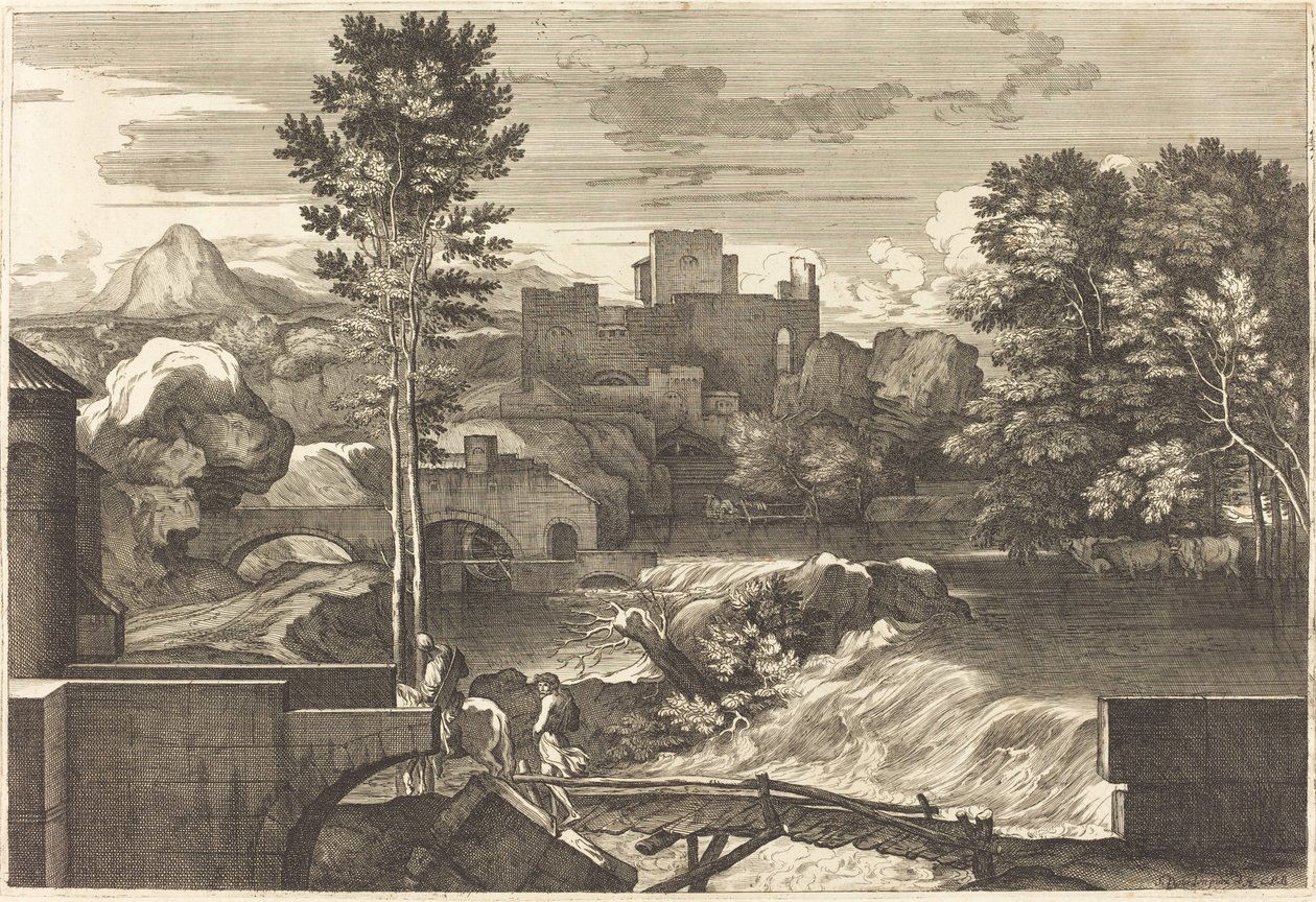 Paisaje con dos figuras en un puente de Sébastien Bourdon
