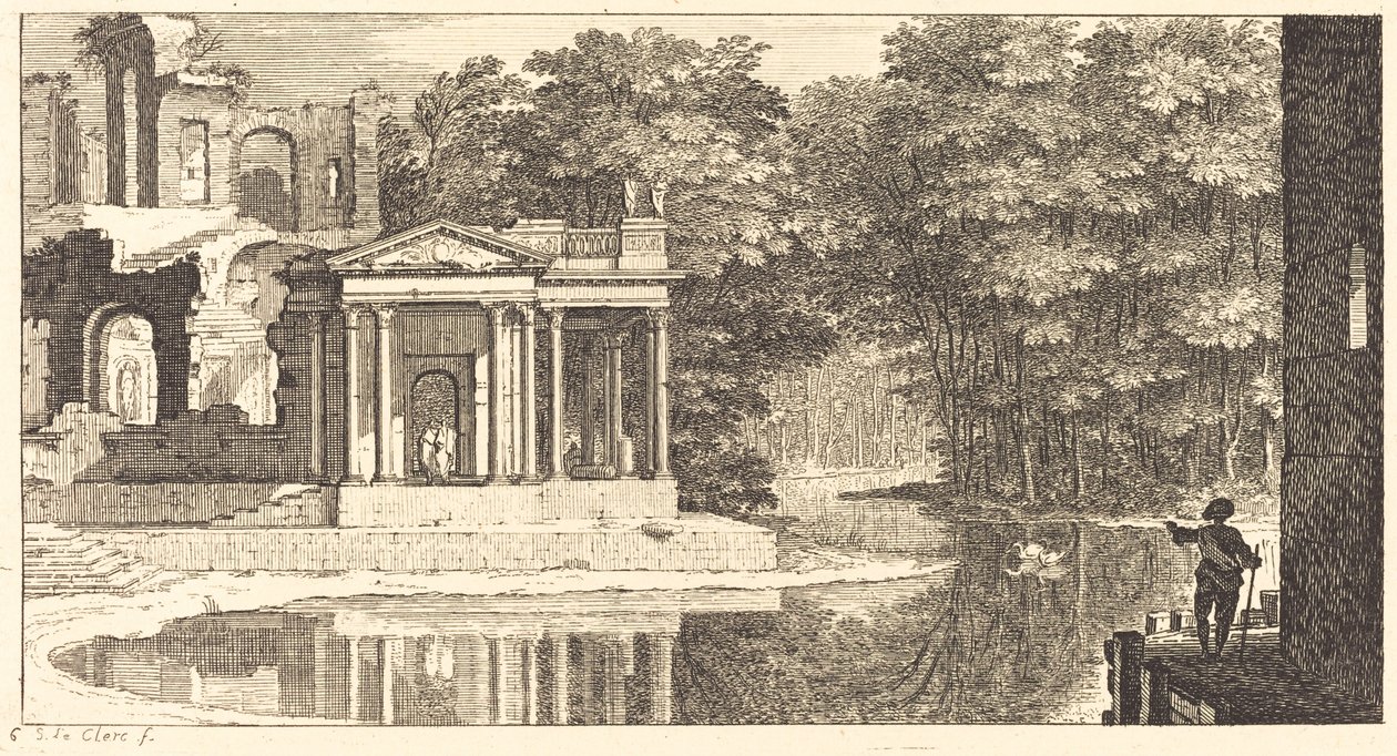 Paisaje con ruinas de templo y estanque de Sébastien  Le Clerc I