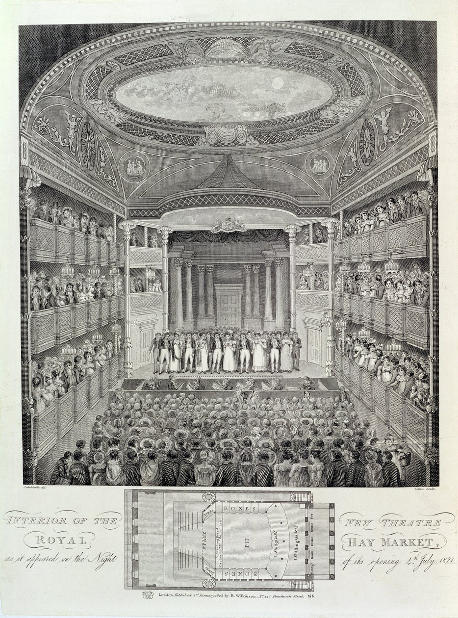Interior del Nuevo Teatro Real, Haymarket, como Apareció en la Noche de su Apertura, 4 de Julio de 1821, grabado por James Stow de Schebbellie