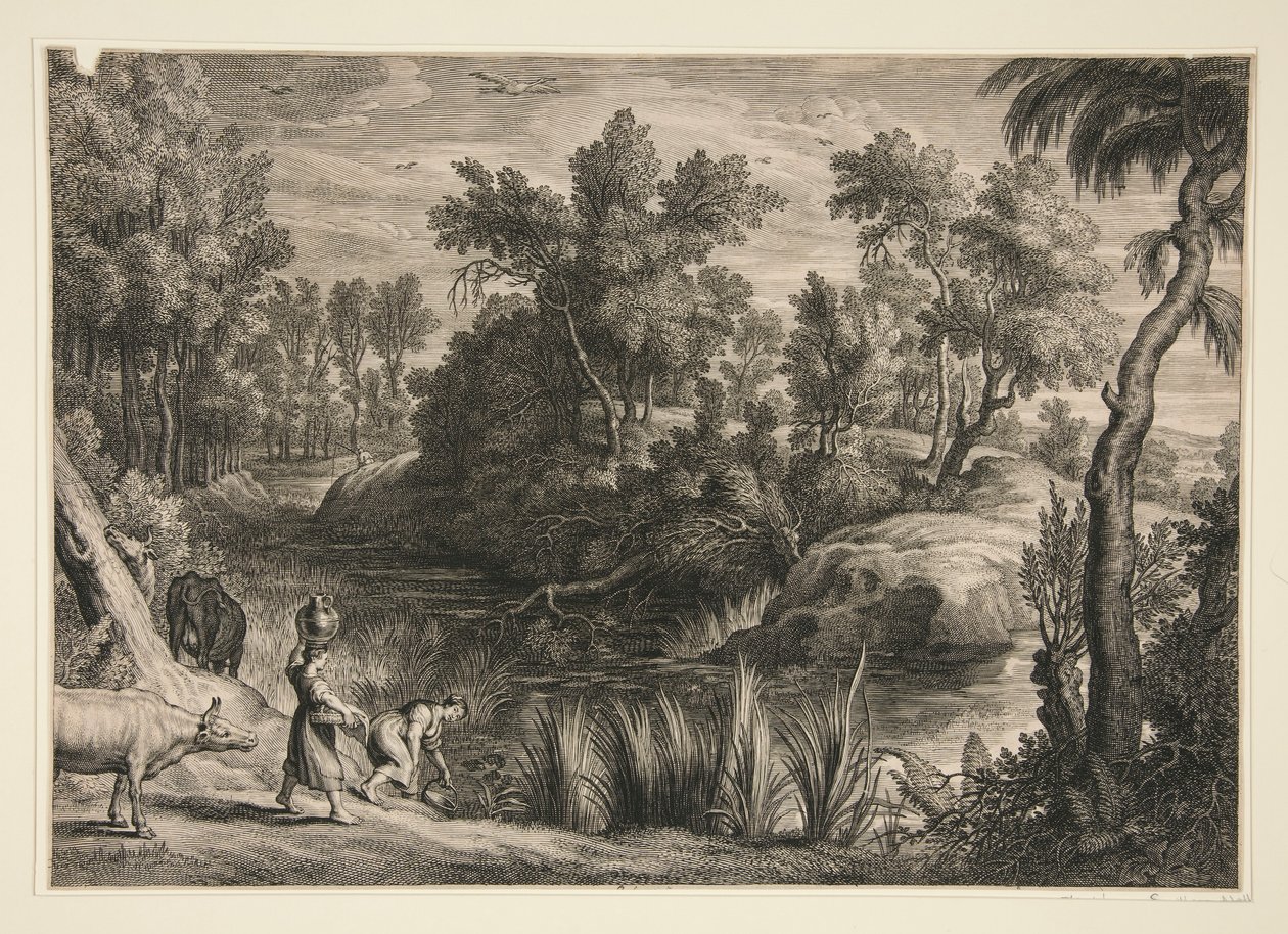 dos mujeres tomando agua de un arroyo de Schelte Adams Bolswert