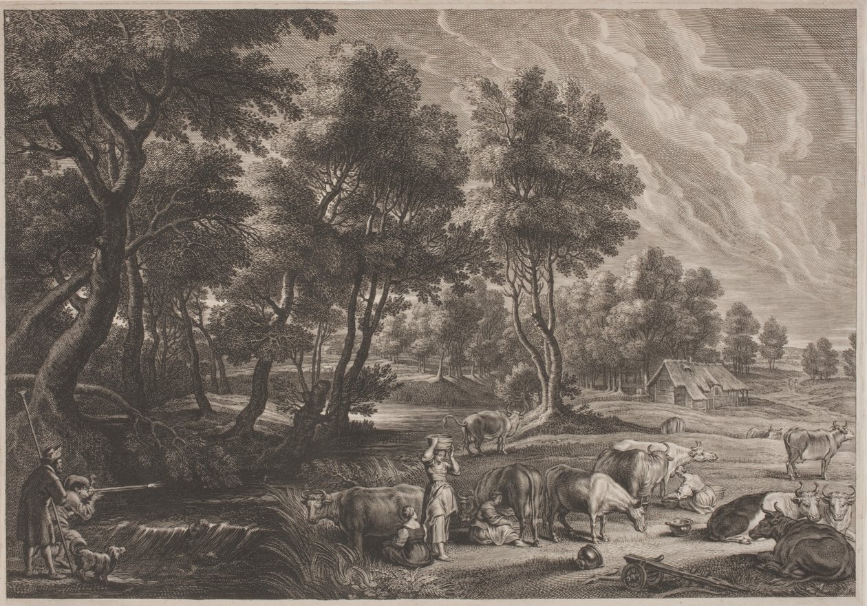 Paisaje de granja con cazadores y lecheras de Schelte Adams Bolswert, after Sir Peter Paul Rubens
