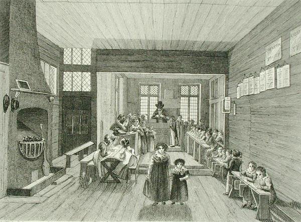 Vista interior de la escuela conectada con la Casa de Reuniones de John Bunyan en Zoar Street, Southwark, grabado por Dale, 1822 de Schnibbelee after Schnibbelee after