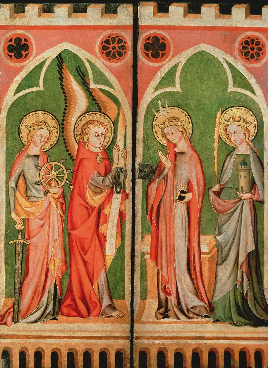 Anunciación con S.S. Bárbara y Catalina, 1310-40 de School of Cologne