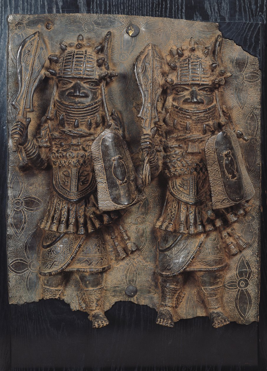 Placa de Benín con dos guerreros, Nigeria de School African