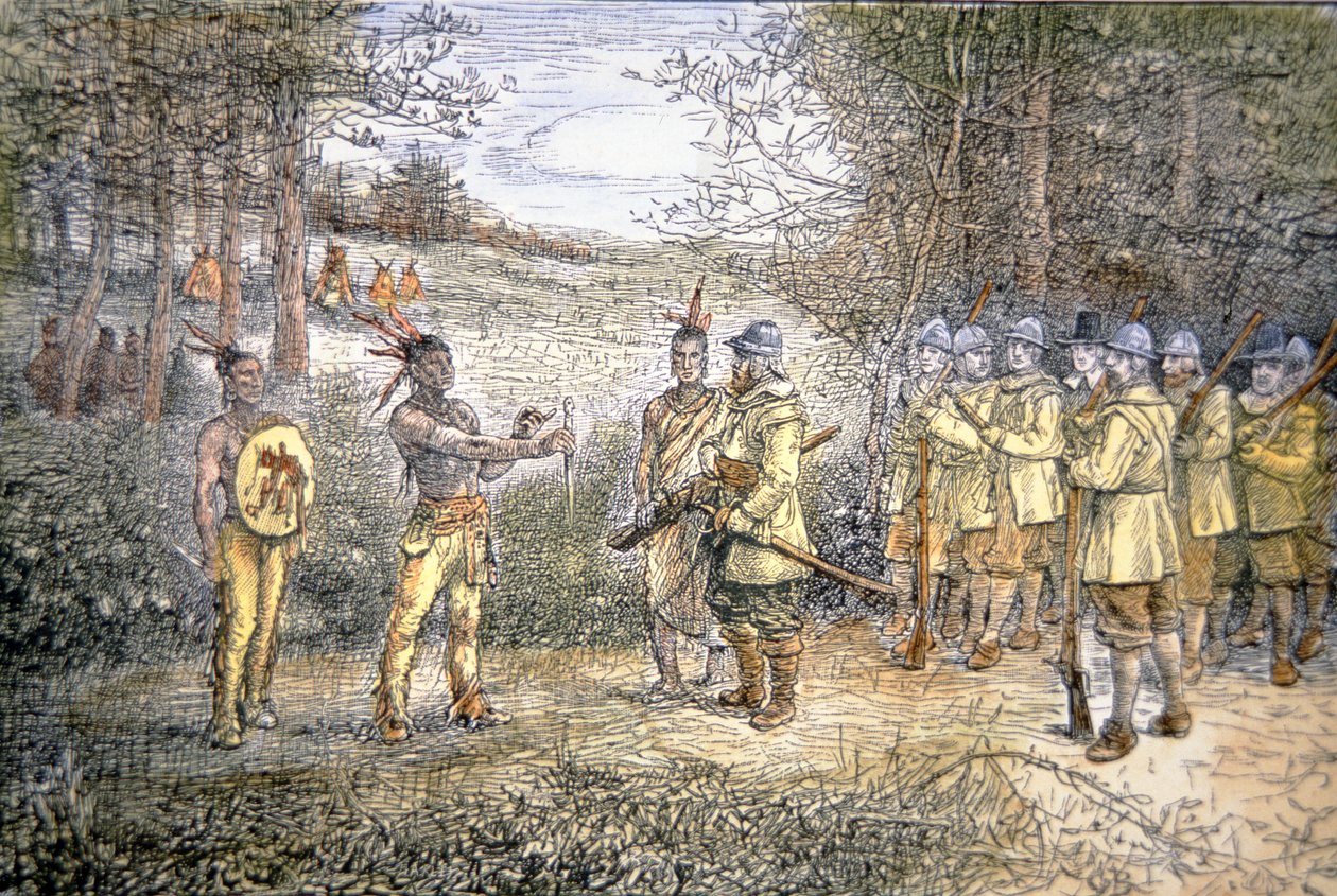El capitán Miles Standish comercia con los indios Wampanoag en 1621 de School American