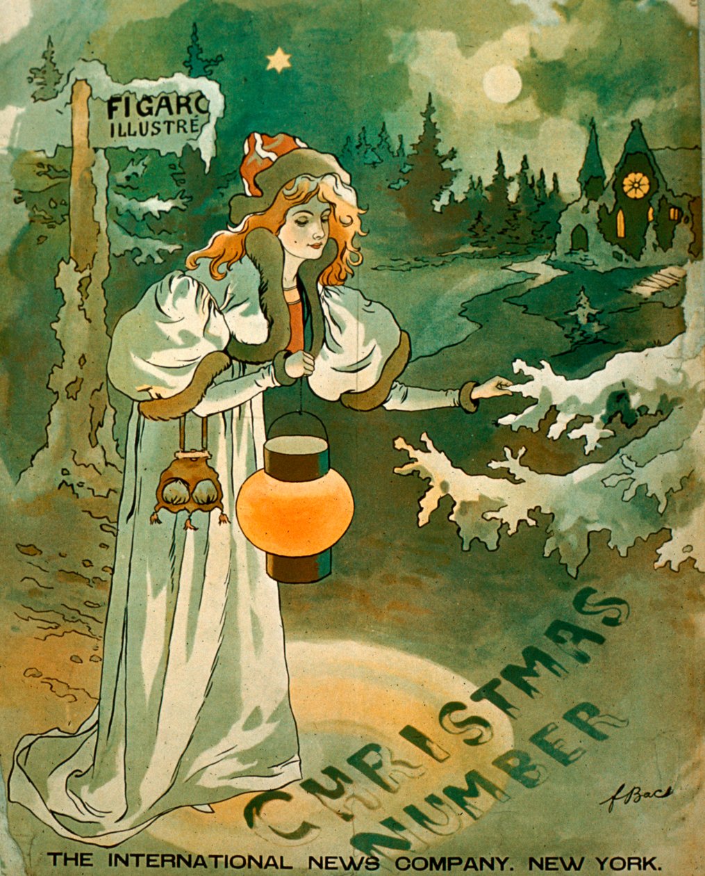 Póster de Navidad con una mujer sosteniendo una linterna frente a una cabaña cubierta de nieve (litografía) de School American
