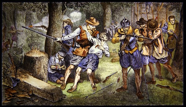 Defendiendo el asentamiento infantil contra el ataque indio en la colonia de Jamestown, Virginia en 1607 de School American