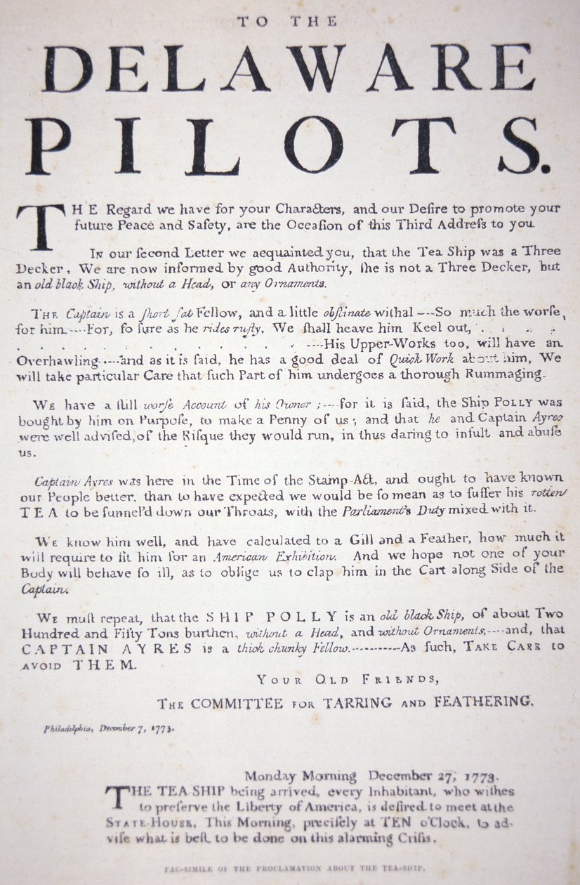 Facsímil de la proclamación de los patriotas de Filadelfia a los pilotos de Delaware advirtiéndoles que no traten con el barco de té británico, 7 de diciembre de 1773 de School American