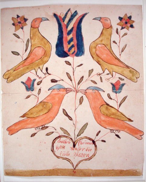 Cuatro pájaros, tulipán y corazón de School American