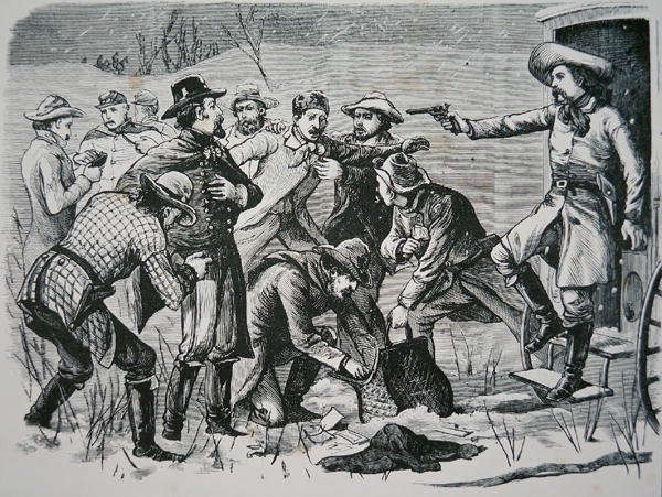 Cuatro bandidos dominan y saquean a dos oficiales y siete soldados cerca de Bismarck, Territorio de Dakota, del 