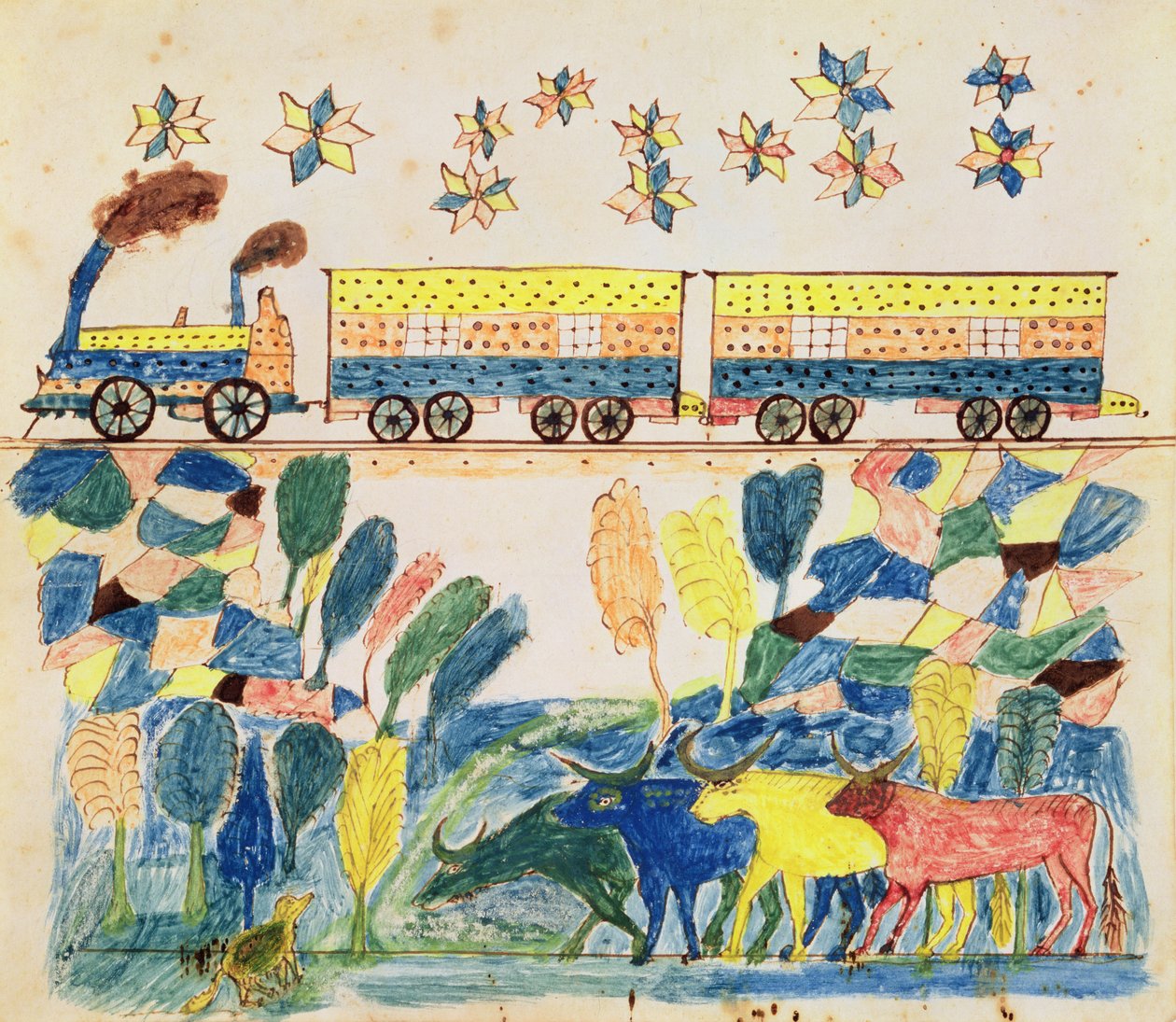 Tren de carga y paisaje con ganado de School American