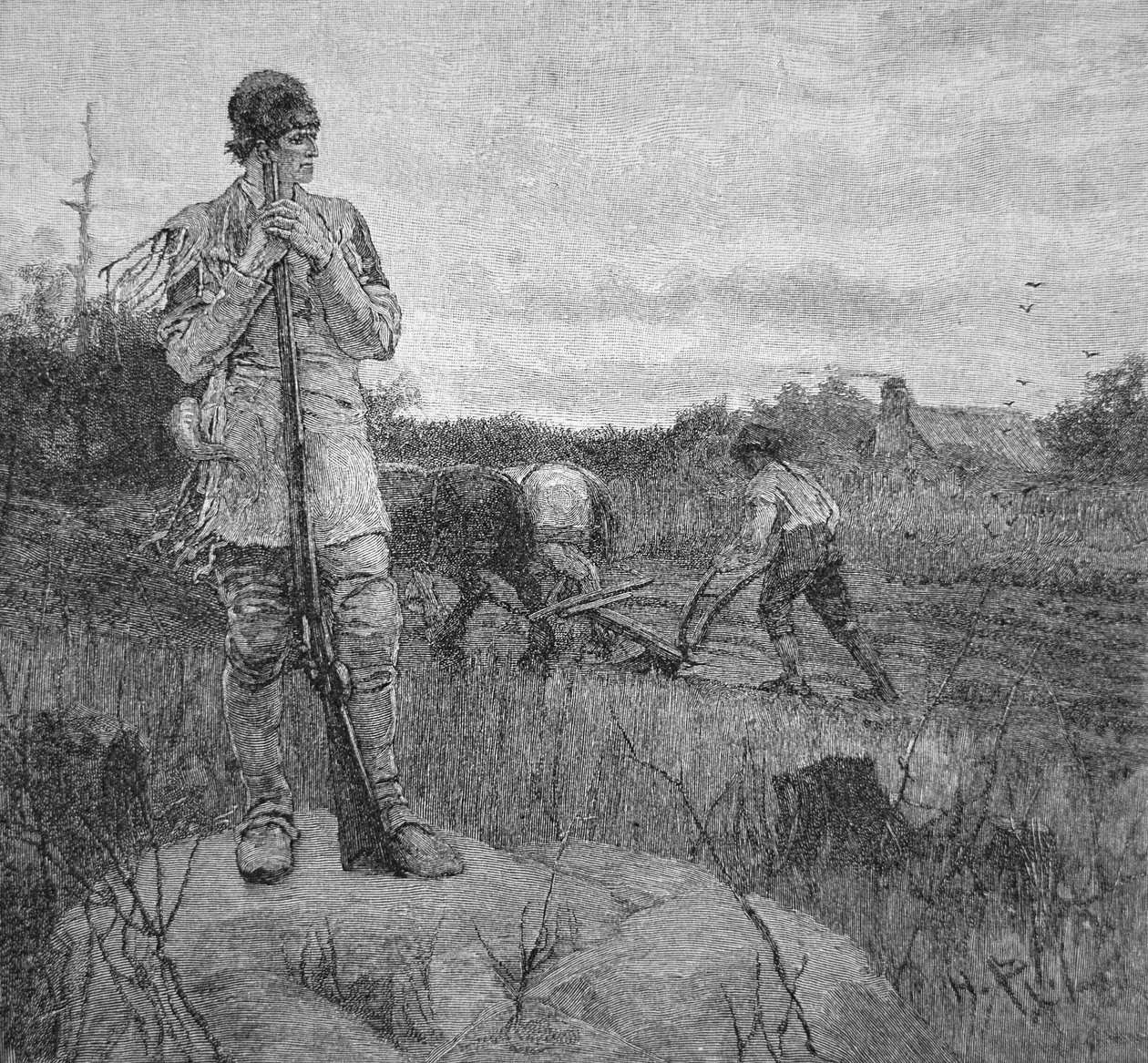 Guardando una granja contra un ataque indio, según una ilustración de Howard Pyle de School American