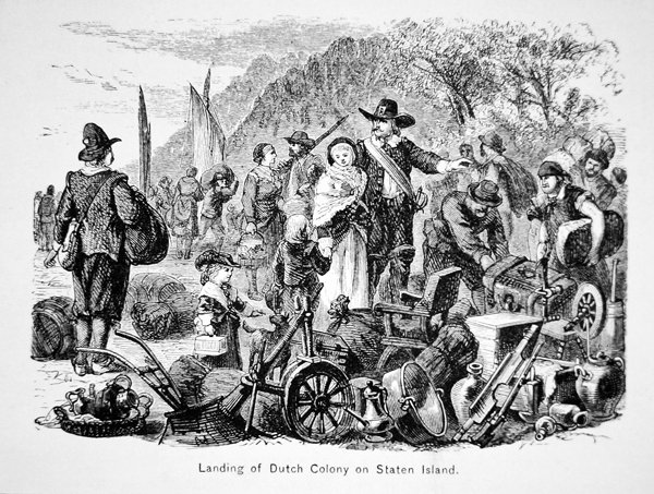Desembarco de colonos holandeses en Staten Island, Nueva York de School American