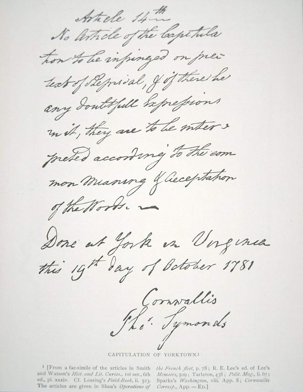 Carta de capitulación de Yorktown, firmada por Lord Cornwallis de School American