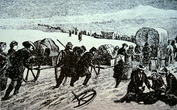 Caravana mormona en una tormenta de nieve rumbo a Salt Lake City, Utah de School American