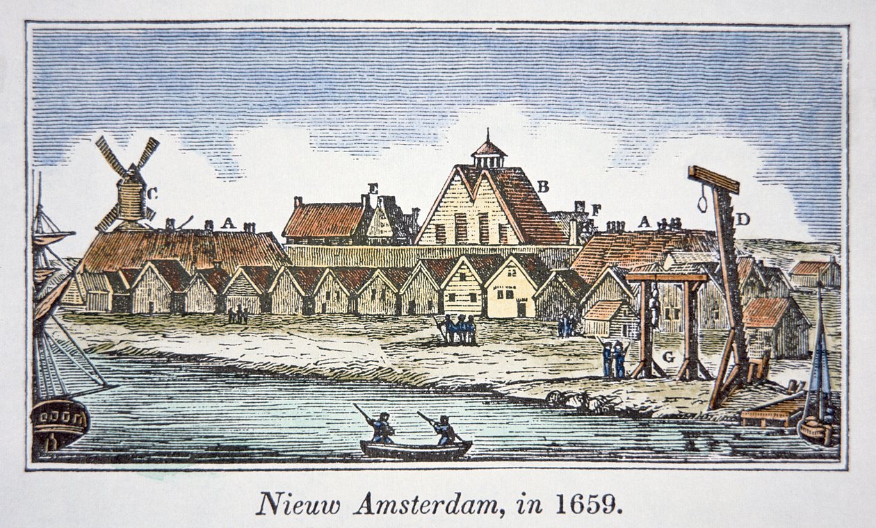 Nueva Ámsterdam (luego Nueva York) en la Isla de Manhattan, de una vista publicada en 1659 de School American