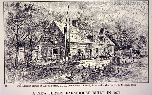 Casa de campo de Nueva Jersey construida en 1676, después de un dibujo de 1886 de E. J. Meeker de School American