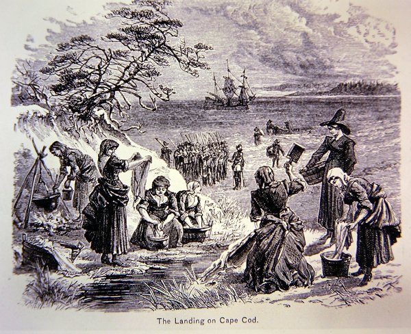 Los Padres Peregrinos desembarcan en América en 1620 - El desembarco en Cape Cod mostrando a mujeres trabajando de School American