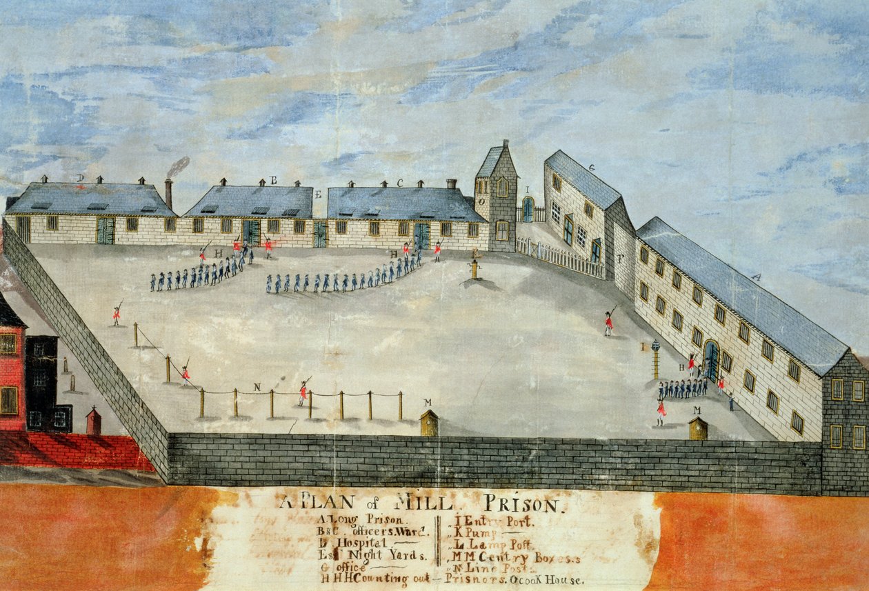 Plano de la prisión de Mill, finales del siglo XVIII o principios del XIX (acuarela y tinta sobre papel) de School American