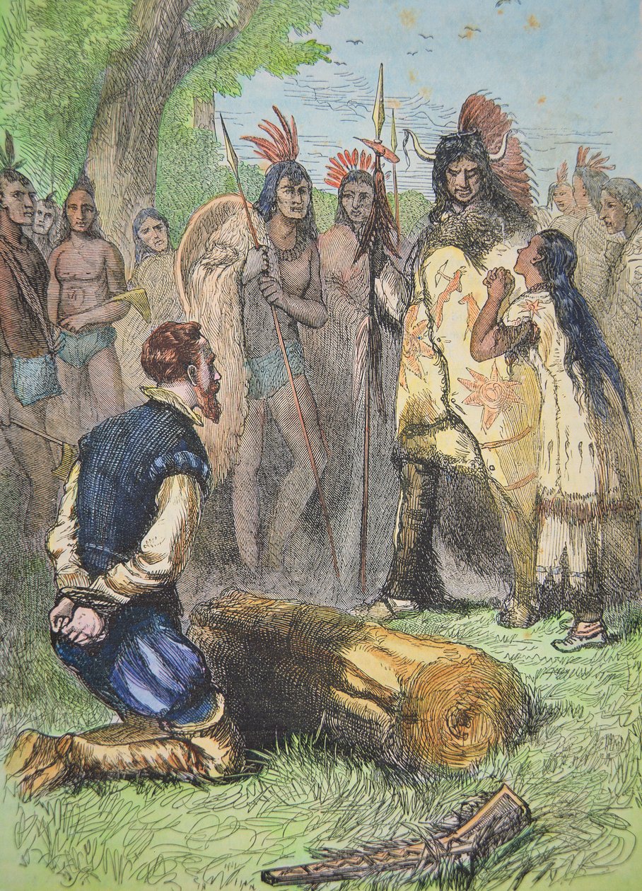Pocahontas salva la vida de John Smith (grabado en color) de School American