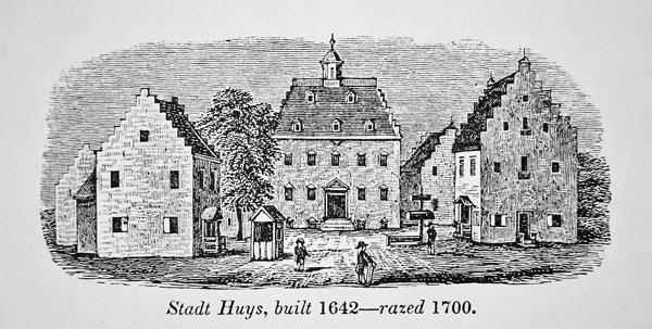 El Stadt Huys holandés, Nueva Ámsterdam (Nueva York), construido en 1642 y demolido en 1700 de School American