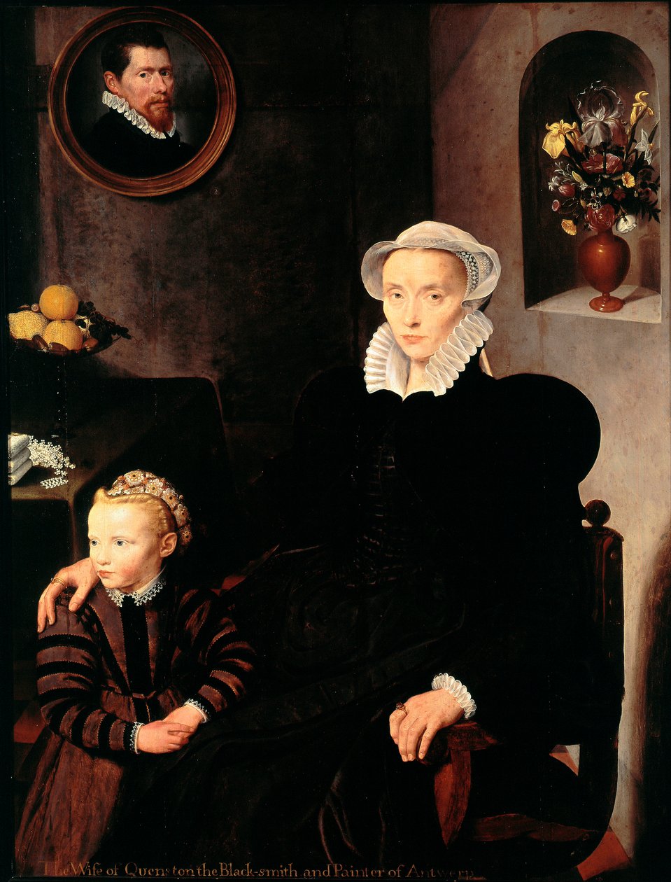 Retrato de la esposa del herrero y pintor de Amberes Quenston con su hijo. La madre vestida de negro, lleva un collar y un tocado. Pintura de la escuela de Amberes. 1576. París, Museo del Louvre de School Antwerp