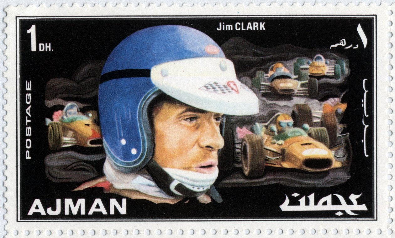 Sello de los Emiratos Árabes Unidos representando al piloto de autos escocés Jim Clark (1936-1968) de School Arabic