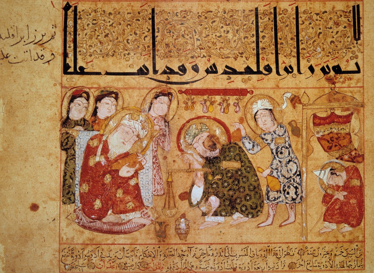 Heraclide de Taranto en la botica. En el siglo III, el médico griego Galieno inventó la teríaca, que fue el primer antídoto contra venenos basado en jugo de amapola. Miniatura en el “Libro de la Teríaca (Kitab al-Diryaq)” folio 17. de School Arabic