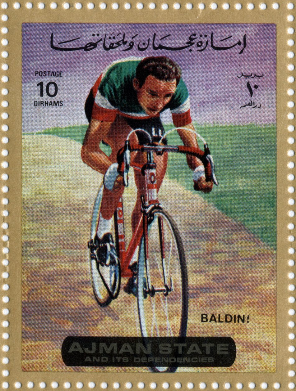 Sello de EAU representando al ciclista Ercole Baldini (Nacido 1933) de School Arabic