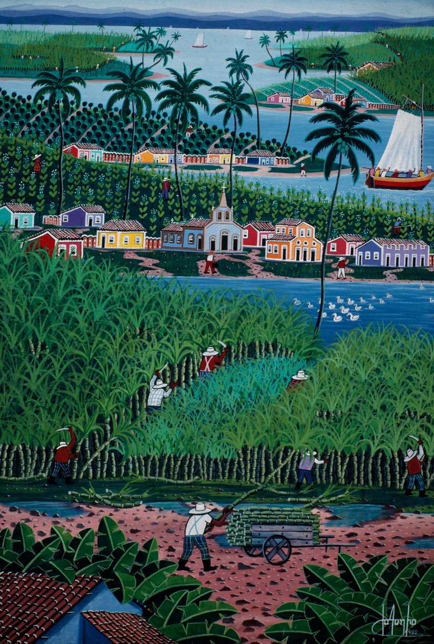 Pintura de arte ingenuo que representa la cosecha de bambú, Estado de Bahía, Brasil de School Brazilian