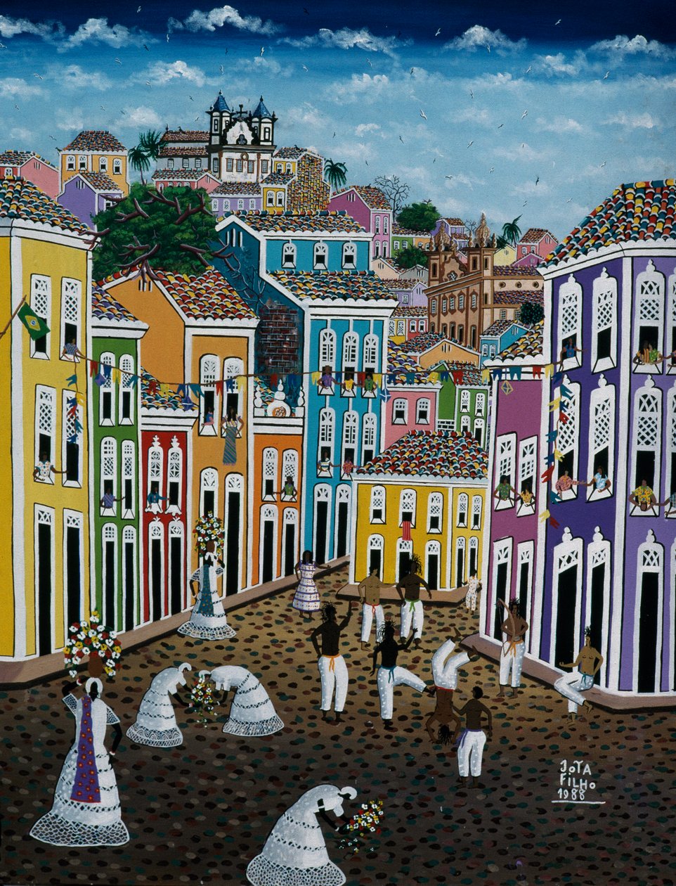 Pintura de arte naïf que representa escena callejera, Estado de Bahía, Brasil de School Brazilian