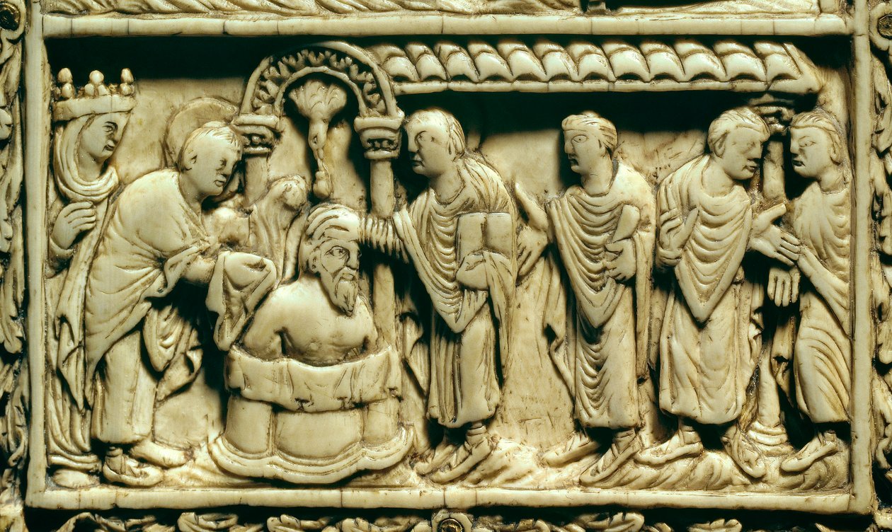 Detalle: el bautismo de Clodoveo I (466-511) en presencia de la Reina Clotilde el 25/12/498. Siglo IX. Amiens, Museo de Picardía de School Carolingian