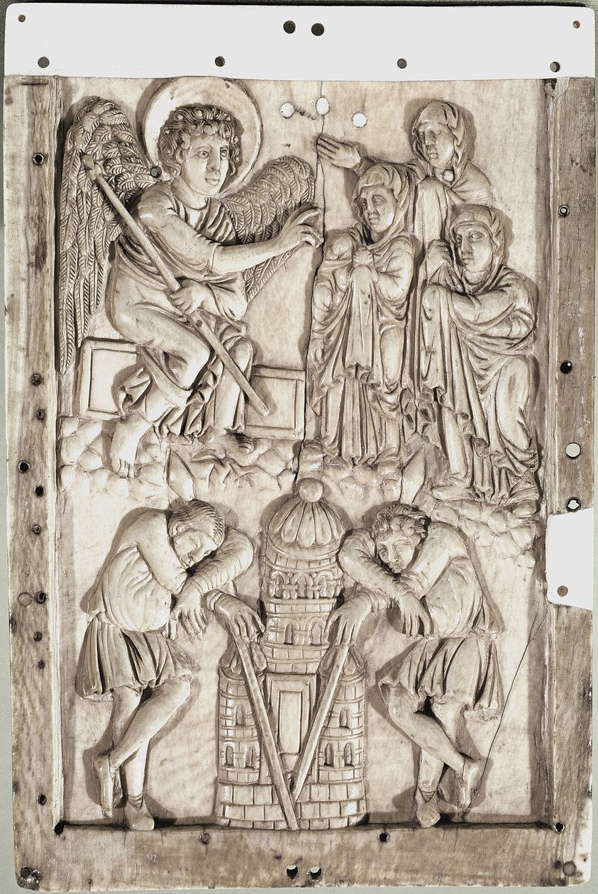 Arte carolingio: santas mujeres en el sepulcro - (Santas mujeres en el sepulcro) Relieve de marfil de School Carolingian