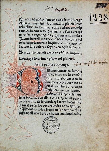 Inc 1228 Salterio de Boniface Ferrer, corregido por Jaime Borrell, impreso por Nicolaus Spindeler en Barcelona en 1480 de School Catalan