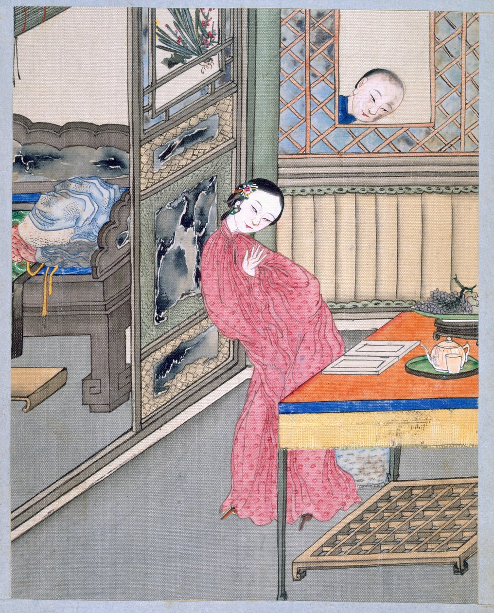Un hombre sorprende a su amante en la ventana (color sobre tela) de School Chinese