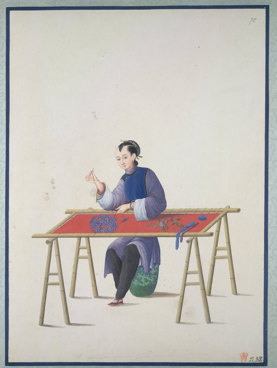 Una mujer bordando, c.1800 (acuarela sobre papel) de School Chinese