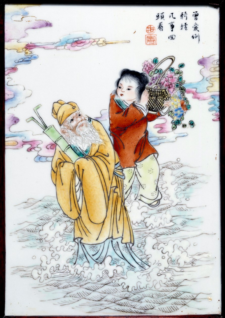 Alegoría de la primavera. Una mujer con una cesta de flores y un anciano caminando en la bruma de School Chinese