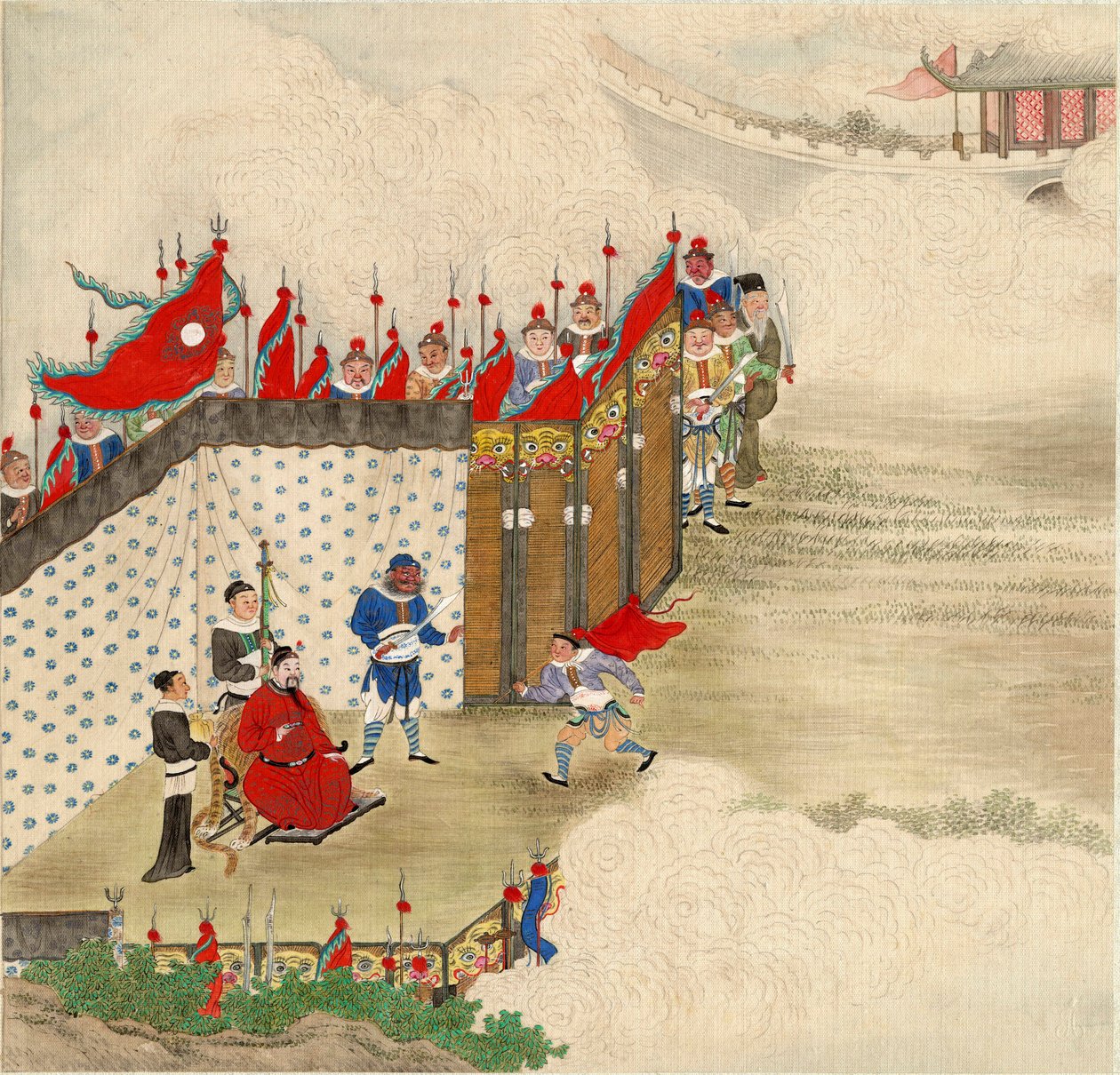 Arte chino: un príncipe chino recibiendo a un mensajero. Témpera sobre seda de la escuela china hacia 1820. Dim 24,6x23,7 cm. Colección privada de School Chinese