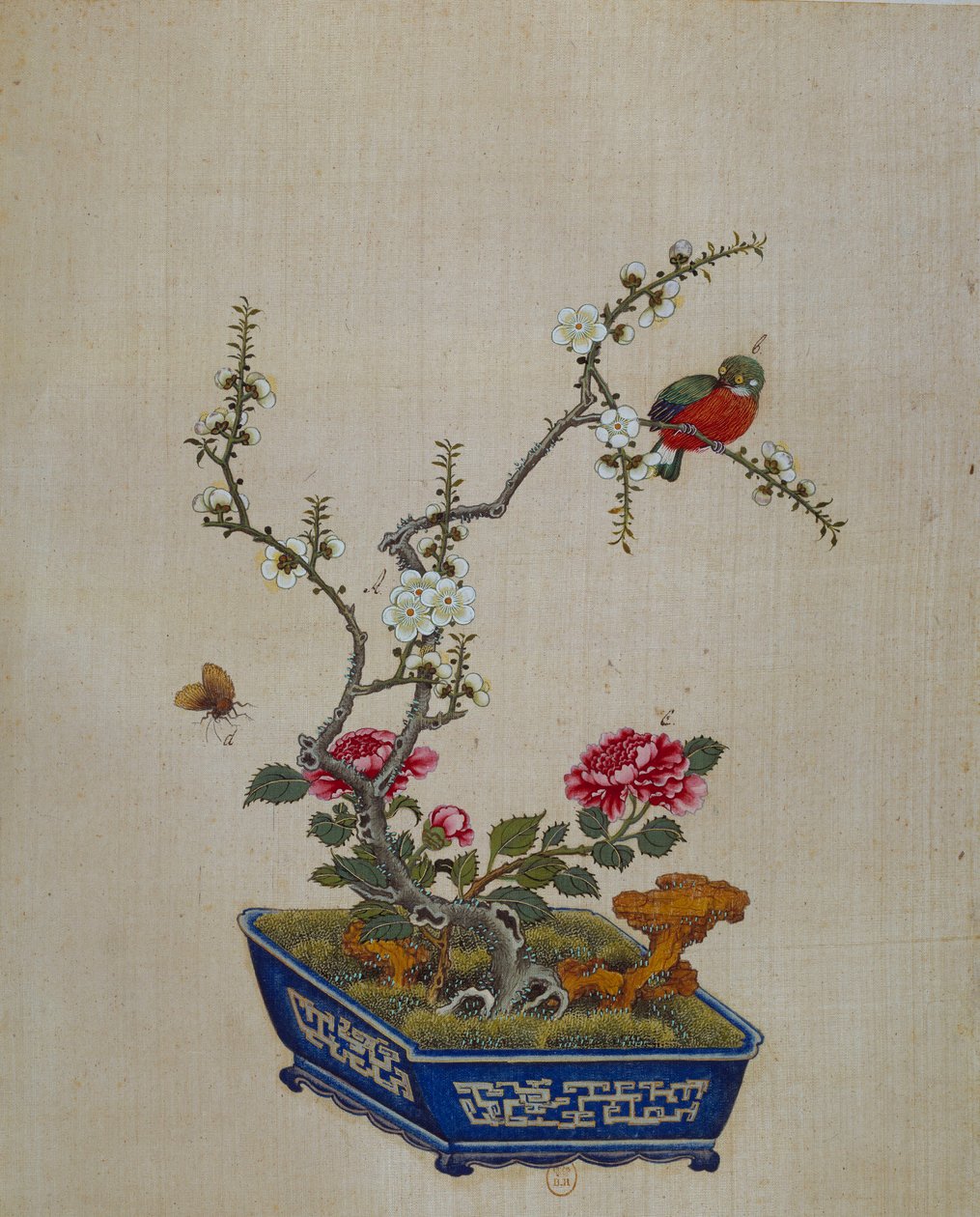 Arte chino: flores y pájaros (bonsái). Pintura en seda del siglo XVIII. París, B.N. de School Chinese