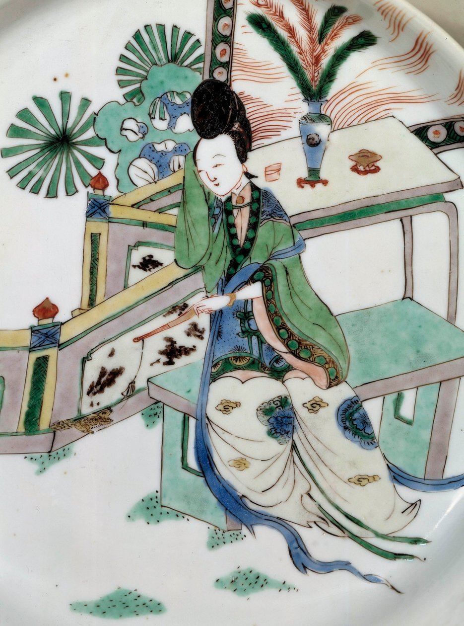 Arte chino: la dama reposa en un banco. Pintura en porcelana del siglo XVIII. París, Museo Guimet, Museo Nacional de Artes Asiáticas de School Chinese