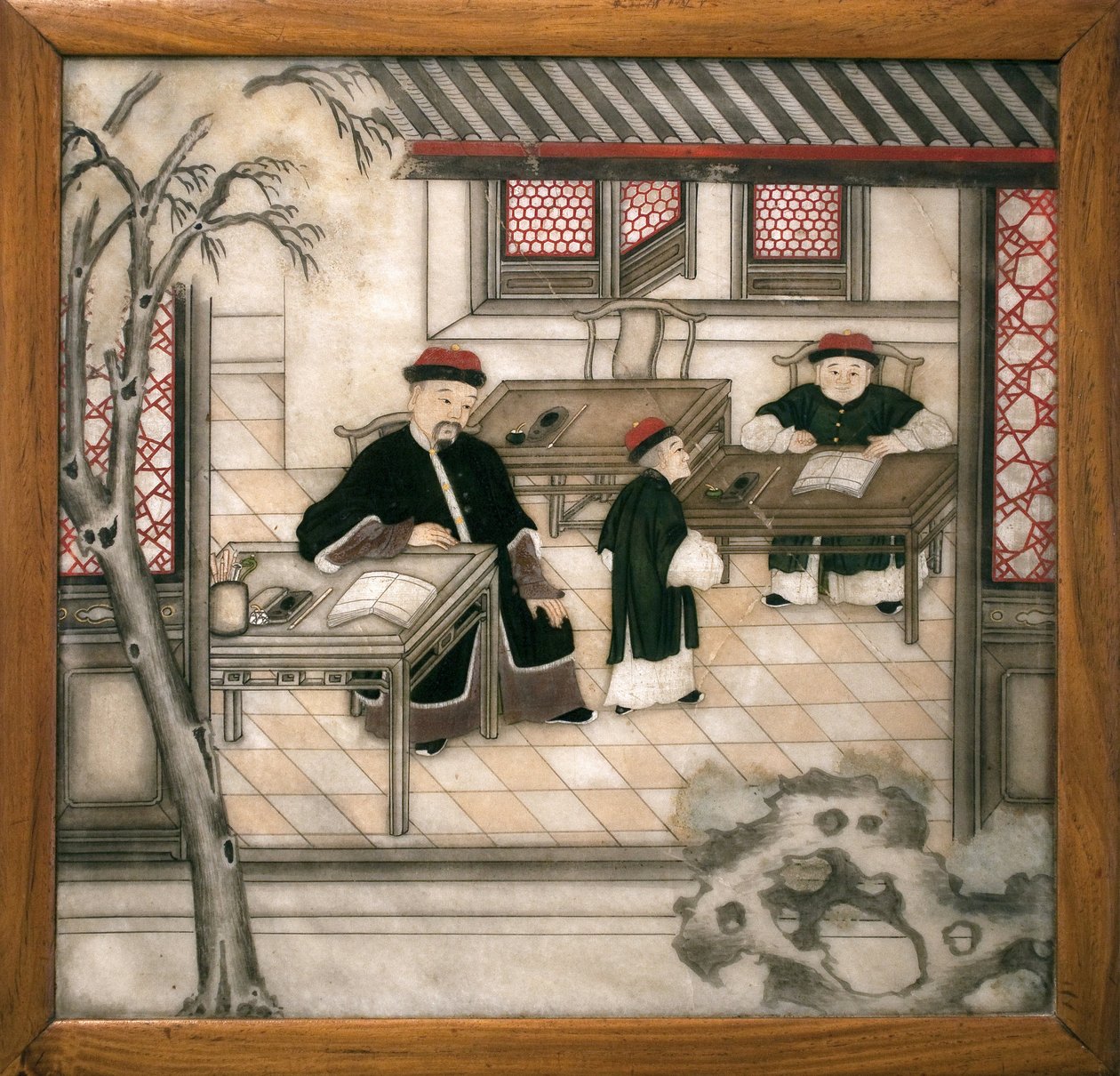 Placa de mármol decorativa que representa letras en su gabinete. Mármol pintado, Dinastía Qing (1644-1911), arte chino. Museo d