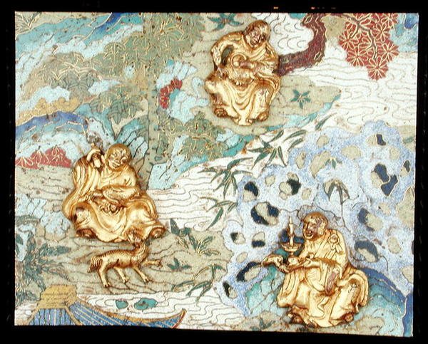 Detalle de un par de placas que representan figuras budistas en un paisaje, período Qianlong de School Chinese