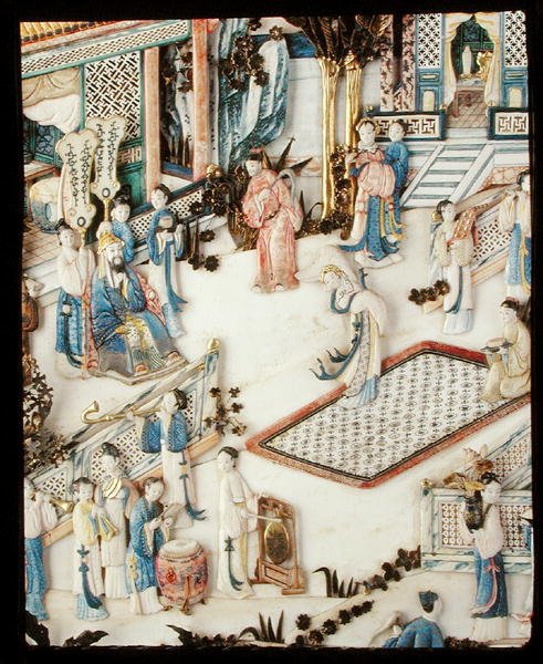 (detalle) de un panel que representa a un dignatario observando a una bailarina, período Qianlong de School Chinese