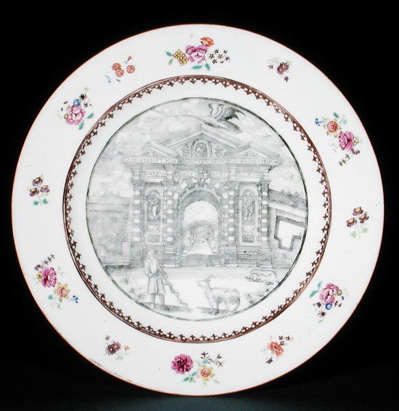Plato decorado en grisaille con esmaltes Rose Famille que representan a Jacob Bobart (1599-1680) con una cabra y un perro, período Qianlong (1736-95) de School Chinese