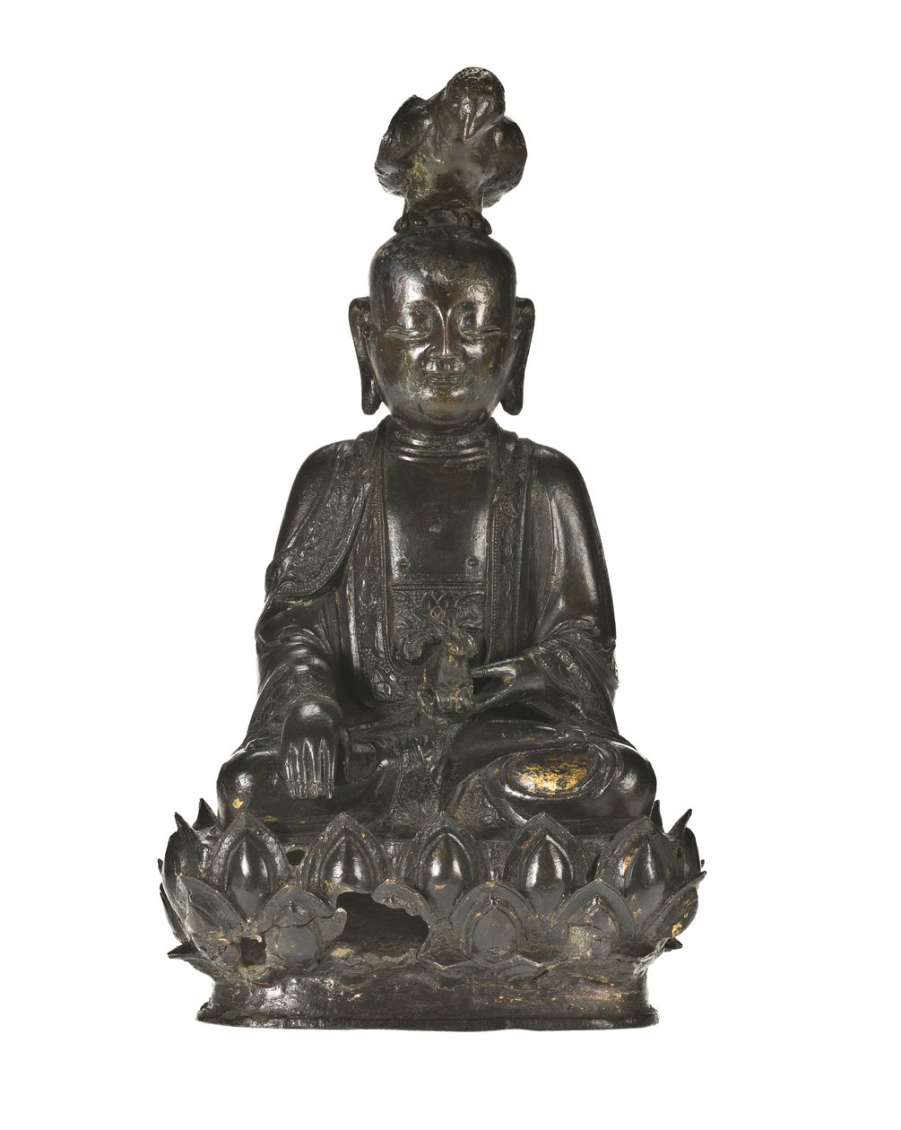 Figura de Guanyin, la diosa china de la misericordia sentada en una base de diseño de loto con un cuervo posado en su cabeza y un conejo descansando en su mano izquierda de School Chinese