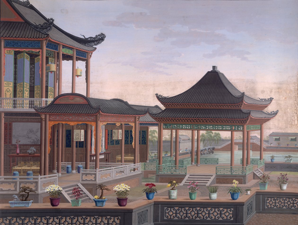 Casa de un funcionario chino, c.1800-05 (acuarela opaca sobre papel) de School Chinese