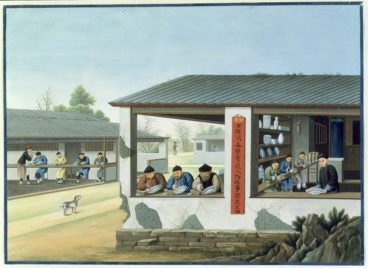 Fabricación de porcelana, decoración en azul (gouache y acuarela sobre papel) de School Chinese