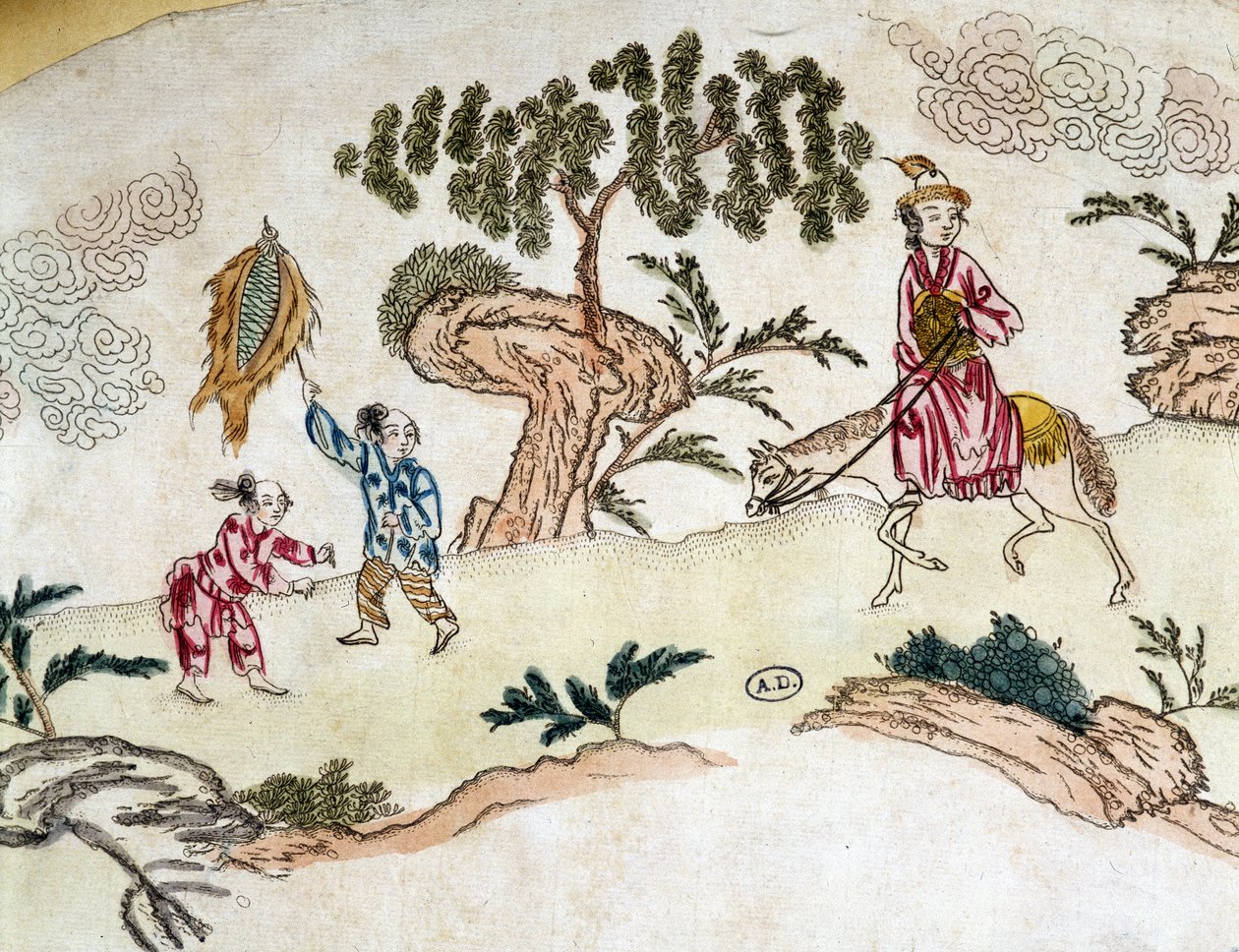 Mujer noble a caballo y niños volando cometa - Impresión china, circa 1800 de School Chinese