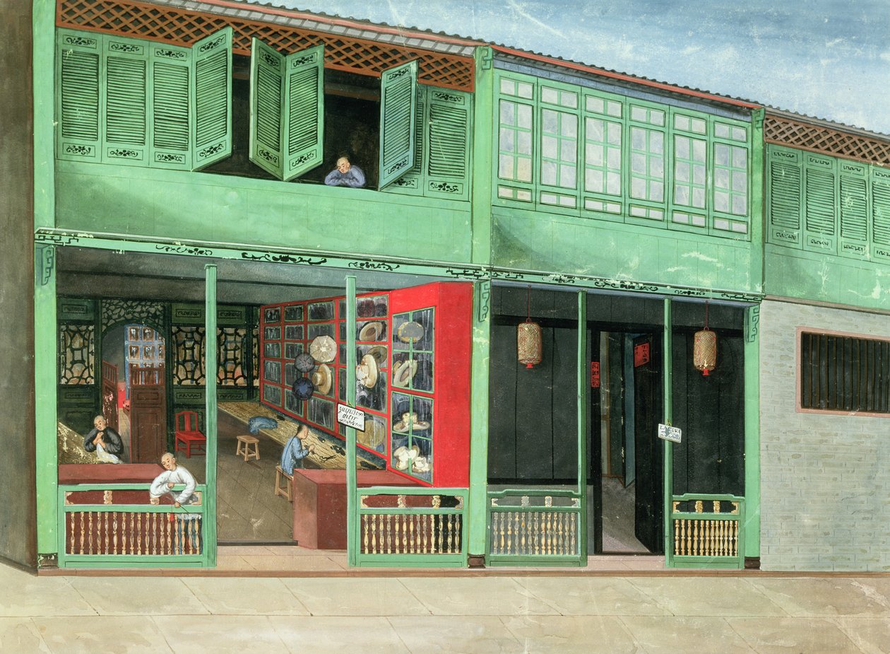 Polly la sastrería China st. nuevo - Cerca al lado del Hong español . . . Lamqua la tienda del pintor, c.1830 (gouache sobre papel) de School Chinese