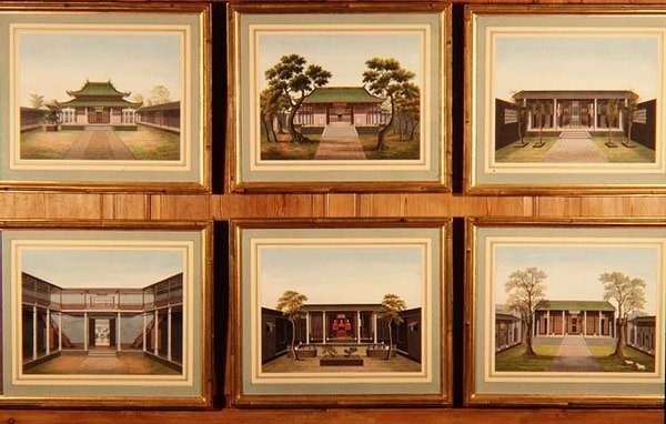 Conjunto de seis pabellones chinos y escenas de patio, c.1780 de School Chinese
